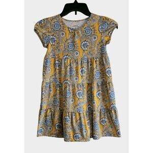 Garnet Hill Dress  Organic Cotton Yellow Blue Floral Shift Girls Medium